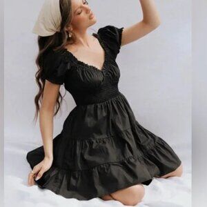 Princess Polly Daniela Poplin Dress Puff Sleeve Cotton Black Size 4